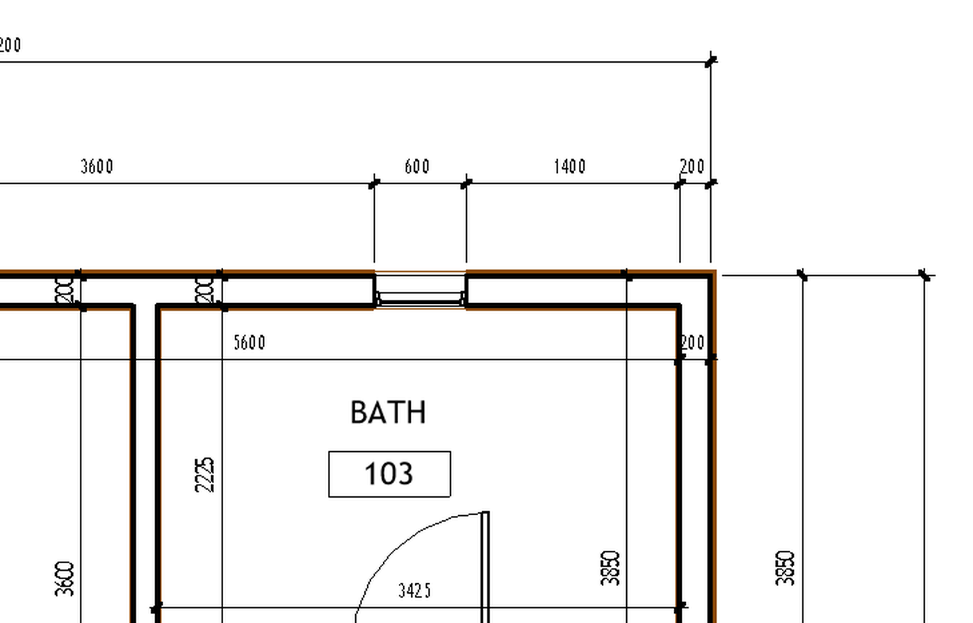 Plan detail of a dimension chain measuring openings, a column, and distances to the adjacent wall