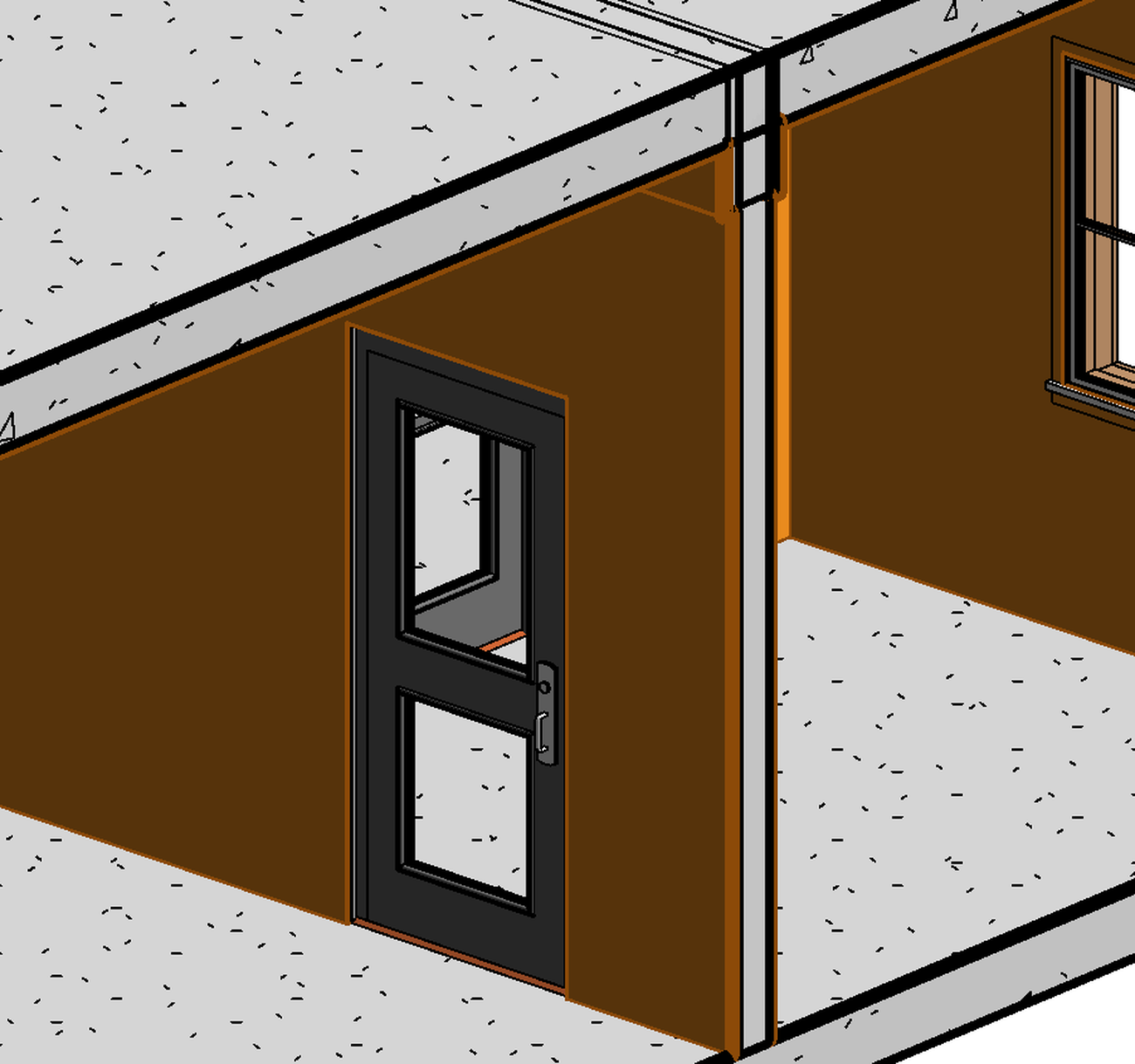 Interior 3D detail of a door opening cut cleanly through generated plaster with the reveal carried into the jamb