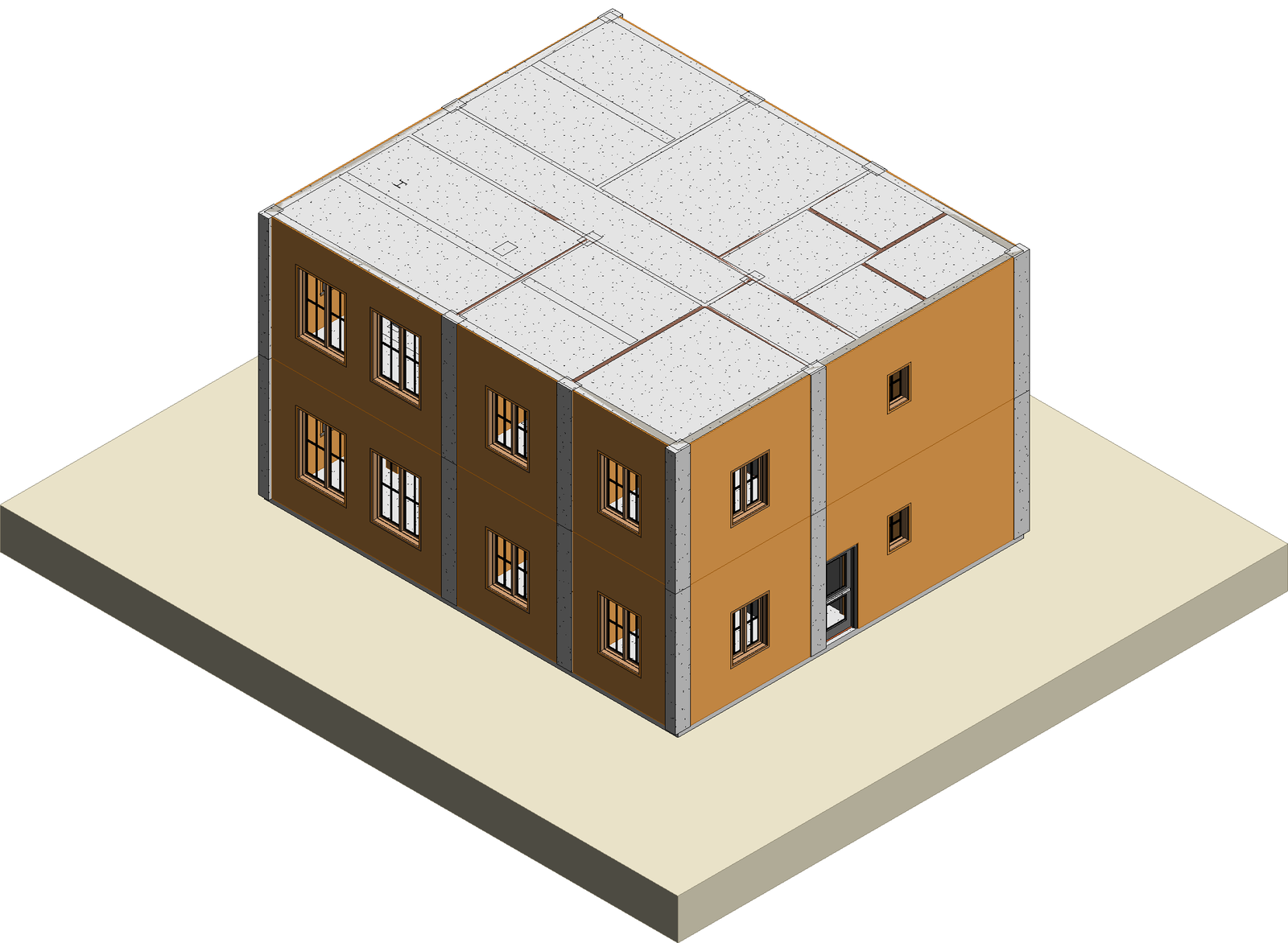 Exterior 3D view of the two-storey demo building on its site, with facade plaster generated