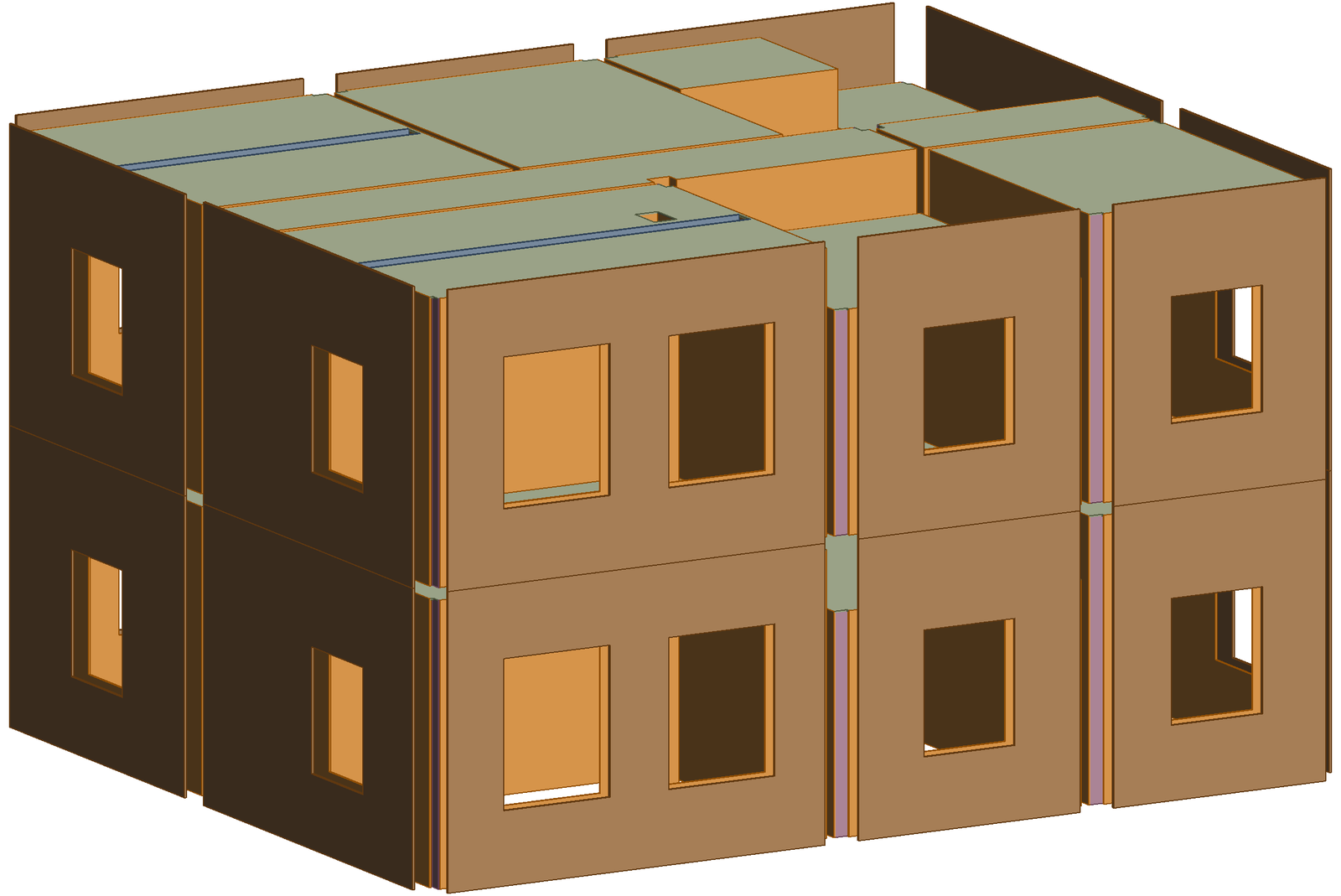 Isolated 3D view of only the generated plaster elements of a two-storey building, colour-coded by item type