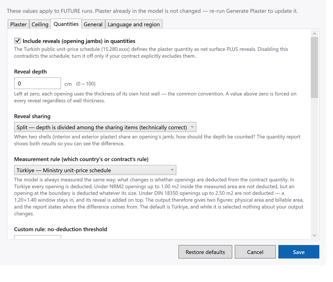 SivaTools settings window, Quantities tab, showing reveal options and the measurement rule selector